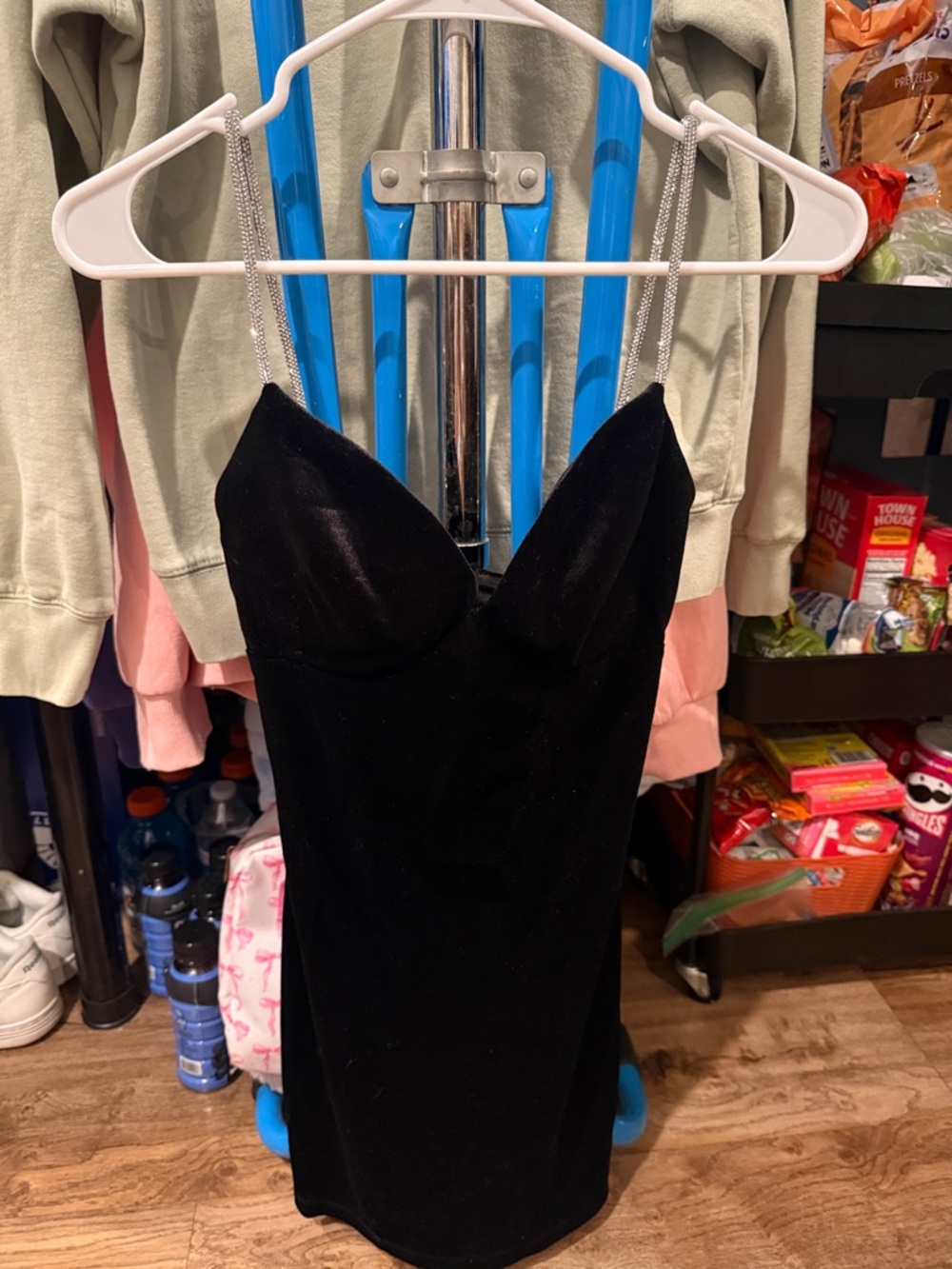 Windsor Black Velvet Mini Dress with Rhinestone Straps